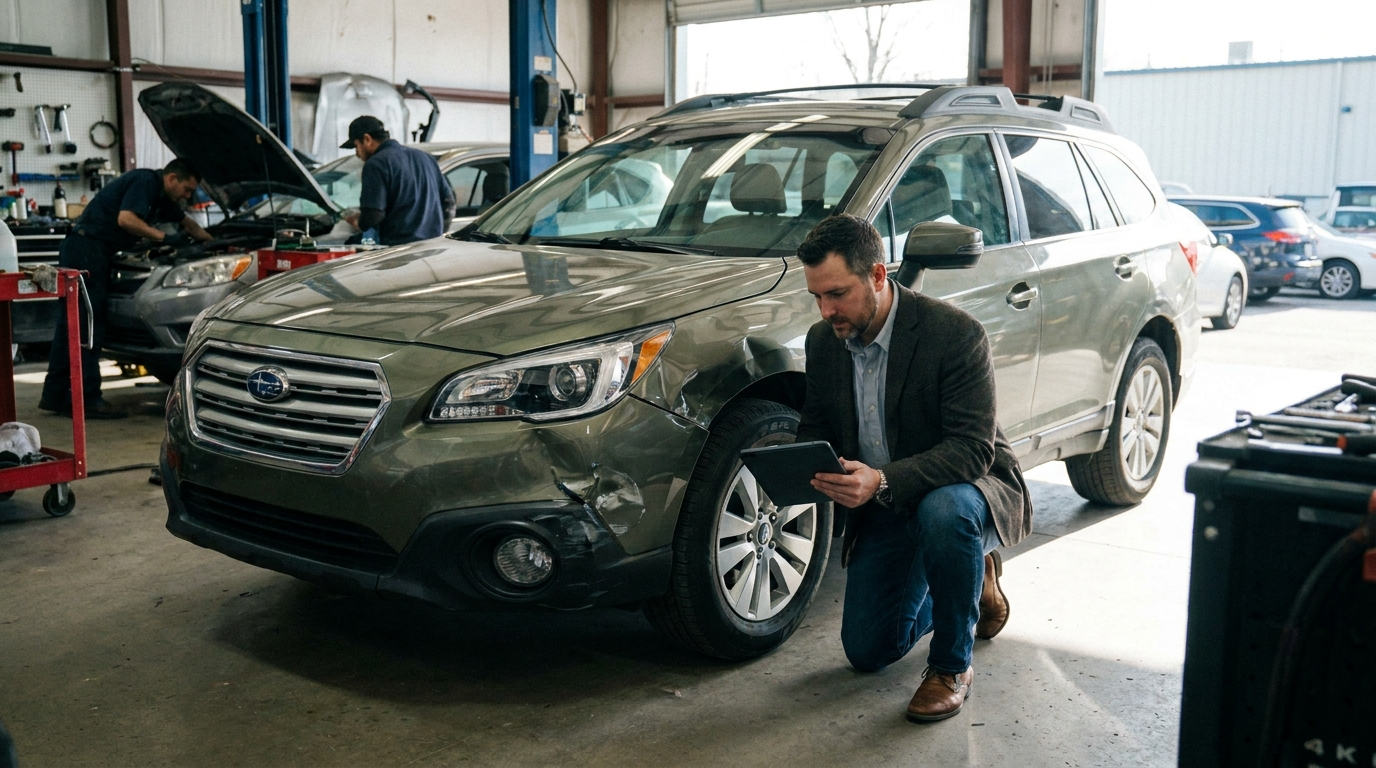 Insurance agent and car owner reviewing collision damage claim at Redemption Collision Center