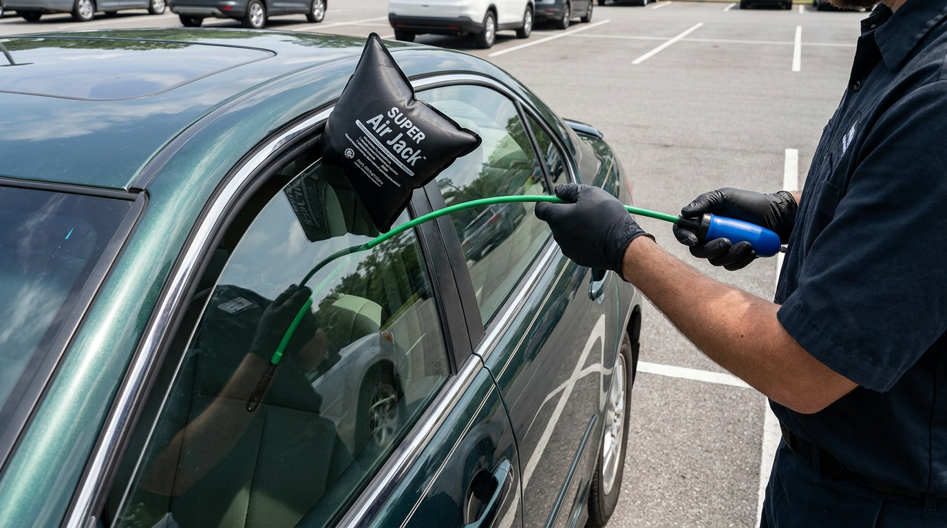 Automotive locksmith technician using a slim jim tool to unlock a car door at Redemption Collision Center