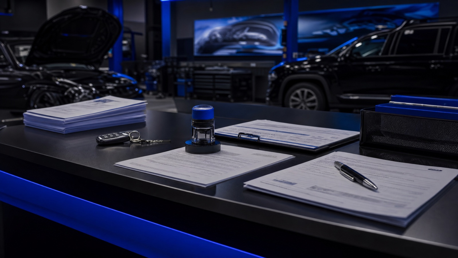 Vehicle title paperwork, notary stamp, car keys, and documents for notary services in Humble TX