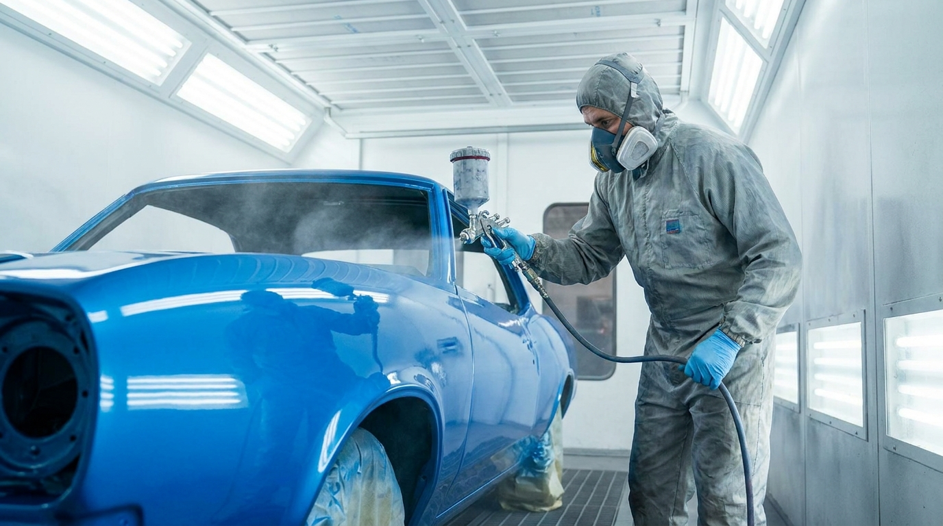 Automotive professional spray painting a vehicle in a paint booth at Redemption Collision Center