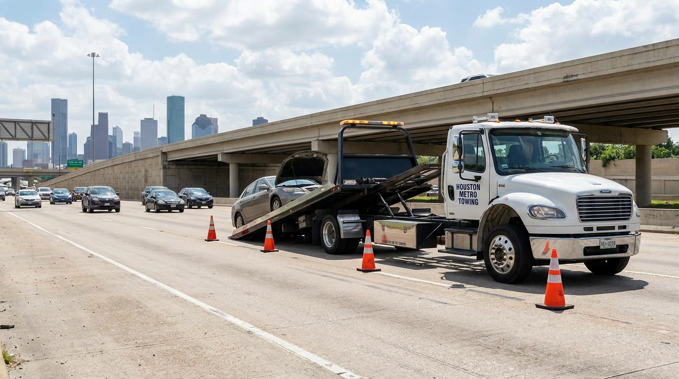 Flatbed tow truck loading a vehicle — professional towing service Greater Houston